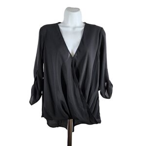 LUSH FAUX WRAP ROLL TAP BLOUSE